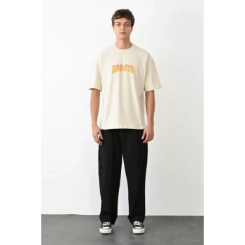 MARSiLYAN- Unisex Bisiklet Yaka Baskılı Oversize T-Shirt - Beyaz