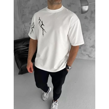 MARSiLYAN- Unisex Bisiklet Yaka Baskılı Oversize T-Shirt - Beyaz