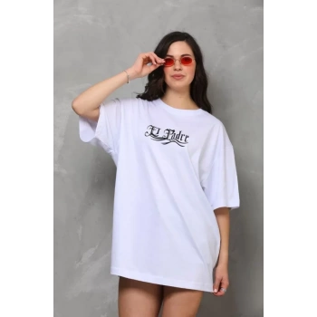 MARSiLYAN- Unisex Bisiklet Yaka Baskılı Oversize T-Shirt - Beyaz