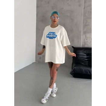 MARSiLYAN- Unisex Bisiklet Yaka Baskılı Oversize T-Shirt - Beyaz