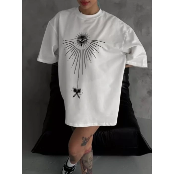MARSiLYAN- Unisex Bisiklet Yaka Baskılı Oversize T-Shirt - Beyaz