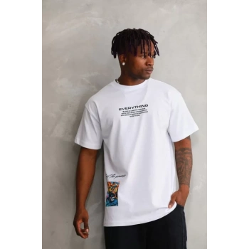 MARSiLYAN- Unisex Bisiklet Yaka Baskılı Oversize T-Shirt - Beyaz