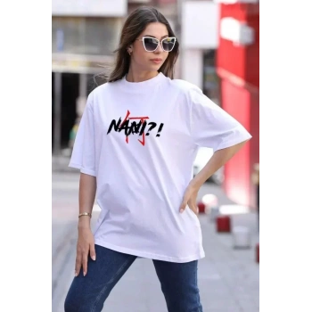 MARSiLYAN- Unisex Bisiklet Yaka Baskılı Oversize T-Shirt - Beyaz