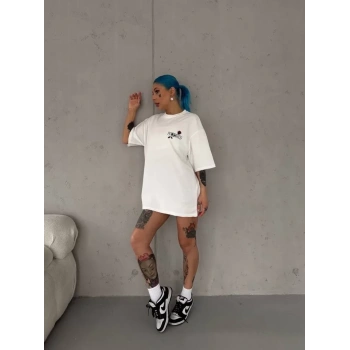 MARSiLYAN- Unisex Bisiklet Yaka Baskılı Oversize T-Shirt - Beyaz
