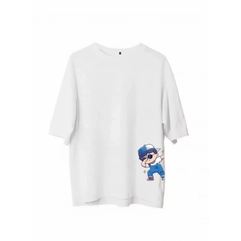 MARSiLYAN- Unisex Bisiklet Yaka Baskılı Oversize T-Shirt - Beyaz