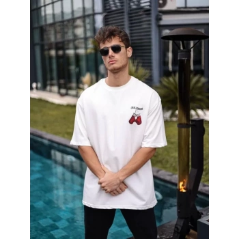 MARSiLYAN- Unisex Bisiklet Yaka Baskılı Oversize T-Shirt - Beyaz