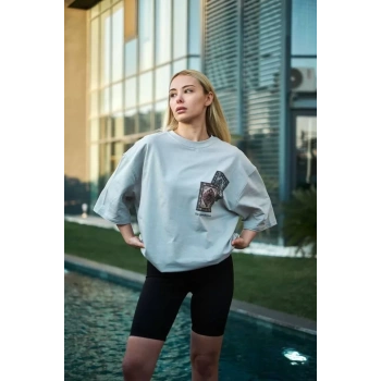 MARSiLYAN- Unisex Bisiklet Yaka Baskılı Oversize T-Shirt - Boyalı Gri