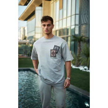 MARSiLYAN- Unisex Bisiklet Yaka Baskılı Oversize T-Shirt - Boyalı Gri