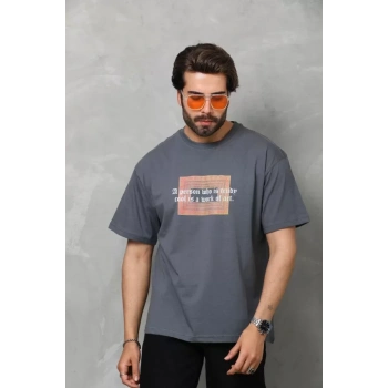 MARSiLYAN- Unisex Bisiklet Yaka Baskılı Oversize T-Shirt - Füme