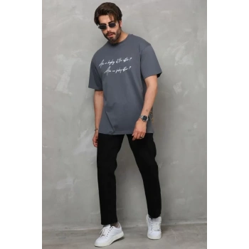 MARSiLYAN- Unisex Bisiklet Yaka Baskılı Oversize T-Shirt - Füme