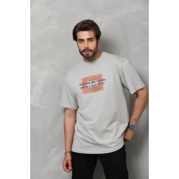 MARSiLYAN- Unisex Bisiklet Yaka Baskılı Oversize T-Shirt - Gri