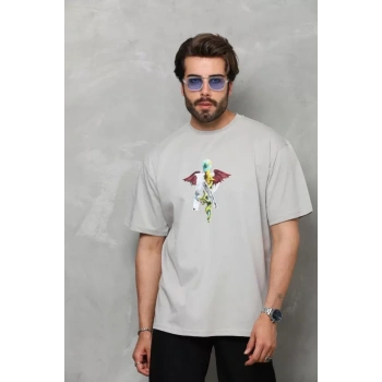 MARSiLYAN- Unisex Bisiklet Yaka Baskılı Oversize T-Shirt - Gri