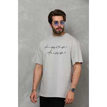 MARSiLYAN- Unisex Bisiklet Yaka Baskılı Oversize T-Shirt - Gri