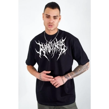 MARSiLYAN- Unisex Bisiklet Yaka Baskılı Oversize T-Shirt - Siyah