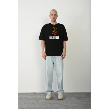 MARSiLYAN- Unisex Bisiklet Yaka Baskılı Oversize T-Shirt - Siyah