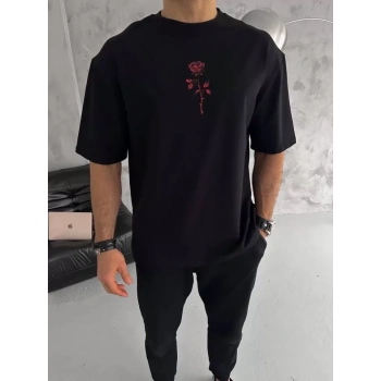 MARSiLYAN- Unisex Bisiklet Yaka Baskılı Oversize T-Shirt - Siyah