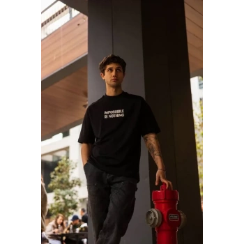MARSiLYAN- Unisex Bisiklet Yaka Baskılı Oversize T-Shirt - Siyah