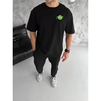 MARSiLYAN- Unisex Bisiklet Yaka Baskılı Oversize T-Shirt - Siyah