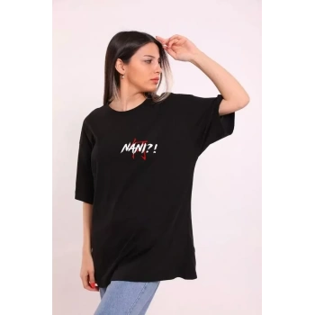 MARSiLYAN- Unisex Bisiklet Yaka Baskılı Oversize T-Shirt - Siyah