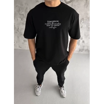 MARSiLYAN- Unisex Bisiklet Yaka Baskılı Oversize T-Shirt - Siyah