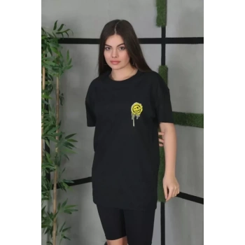 MARSiLYAN- Unisex Bisiklet Yaka Baskılı Oversize T-Shirt - Siyah