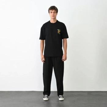 MARSiLYAN- Unisex Bisiklet Yaka Baskılı Oversize T-Shirt - Siyah