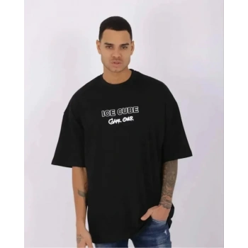 MARSiLYAN- Unisex Bisiklet Yaka Baskılı Oversize T-Shirt - Siyah