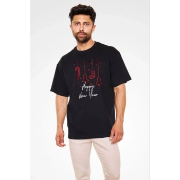 MARSiLYAN- Unisex Bisiklet Yaka Baskılı Oversize T-Shirt - Siyah