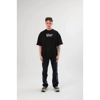 MARSiLYAN- Unisex Bisiklet Yaka Baskılı Oversize T-Shirt - Siyah