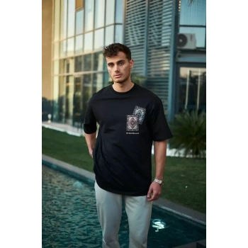 MARSiLYAN- Unisex Bisiklet Yaka Baskılı Oversize T-Shirt - Siyah