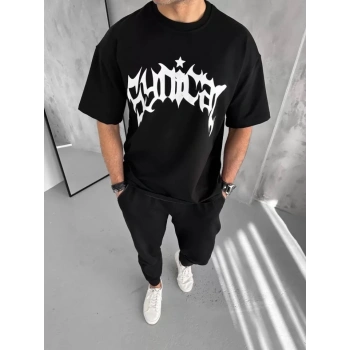 MARSiLYAN- Unisex Bisiklet Yaka Baskılı Oversize T-Shirt - Siyah