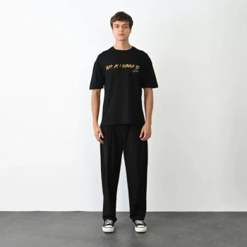 MARSiLYAN- Unisex Bisiklet Yaka Baskılı Oversize T-Shirt - Siyah