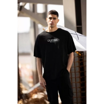 MARSiLYAN- Unisex Bisiklet Yaka Baskılı Oversize T-Shirt - Siyah