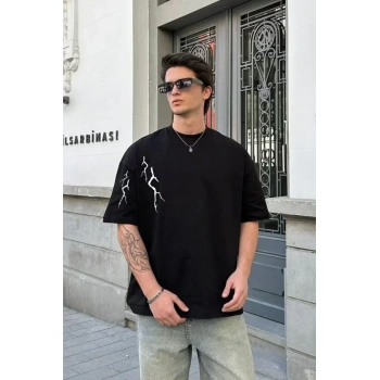 MARSiLYAN- Unisex Bisiklet Yaka Baskılı Oversize T-Shirt - Siyah