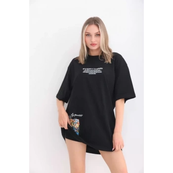 MARSiLYAN- Unisex Bisiklet Yaka Baskılı Oversize T-Shirt - Siyah