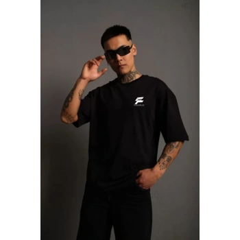 MARSiLYAN- Unisex Bisiklet Yaka Baskılı Oversize T-Shirt - Siyah