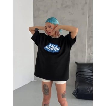 MARSiLYAN- Unisex Bisiklet Yaka Baskılı Oversize T-Shirt - Siyah