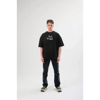 MARSiLYAN- Unisex Bisiklet Yaka Baskılı Oversize T-Shirt - Siyah