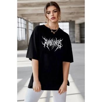 MARSiLYAN- Unisex Bisiklet Yaka Baskılı Oversize T-Shirt - Siyah