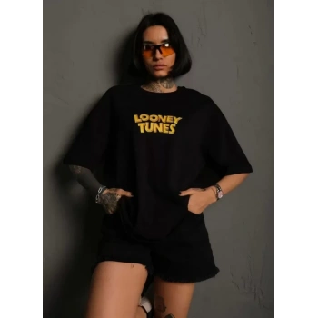 MARSiLYAN- Unisex Bisiklet Yaka Baskılı Oversize T-Shirt - Siyah