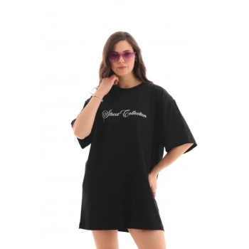 MARSiLYAN- Unisex Bisiklet Yaka Baskılı Oversize T-Shirt - Siyah