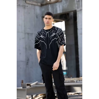 MARSiLYAN- Unisex Bisiklet Yaka Baskılı Oversize T-Shirt - Siyah