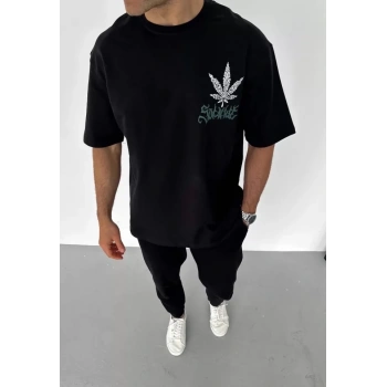MARSiLYAN- Unisex Bisiklet Yaka Baskılı Oversize T-Shirt - Siyah