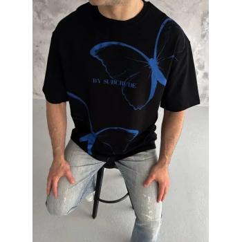 MARSiLYAN- Unisex Bisiklet Yaka Baskılı Oversize T-Shirt - Siyah