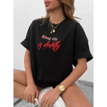 MARSiLYAN- Unisex Bisiklet Yaka Baskılı Oversize T-Shirt - Siyah