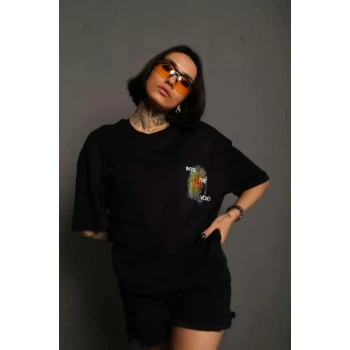 MARSiLYAN- Unisex Bisiklet Yaka Baskılı Oversize T-Shirt - Siyah
