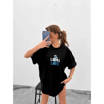 MARSiLYAN- Unisex Bisiklet Yaka Baskılı Oversize T-Shirt - Siyah