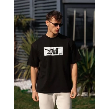 MARSiLYAN- Unisex Bisiklet Yaka Baskılı Oversize T-Shirt - Siyah