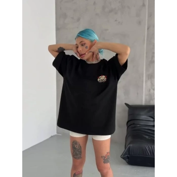 MARSiLYAN- Unisex Bisiklet Yaka Baskılı Oversize T-Shirt - Siyah