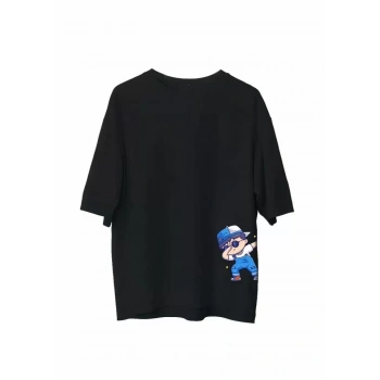 MARSiLYAN- Unisex Bisiklet Yaka Baskılı Oversize T-Shirt - Siyah